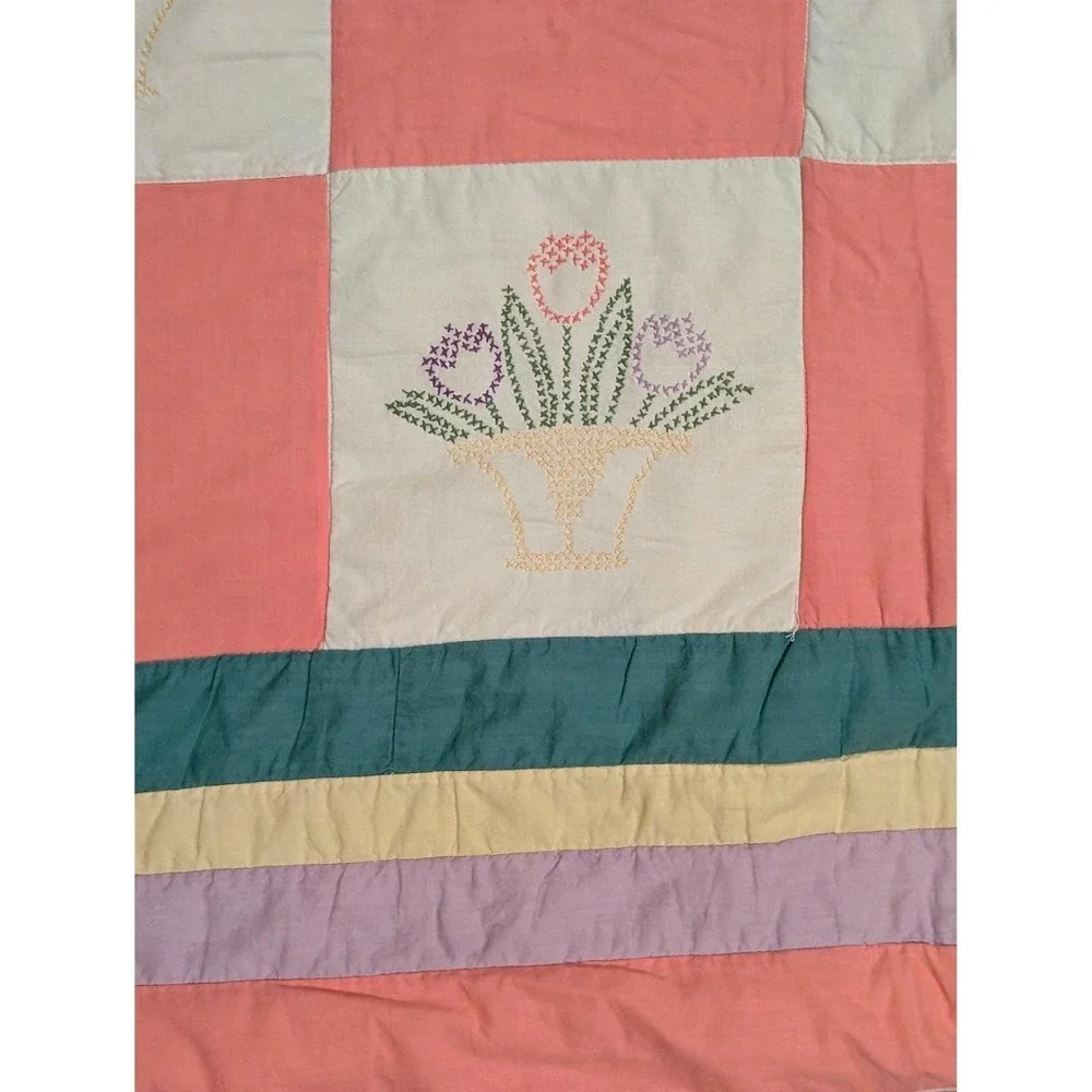 Vintage Handmade Cross Stitch‎ Tulip Basket Patchwork Quilt Pink Pastel 92x76 in